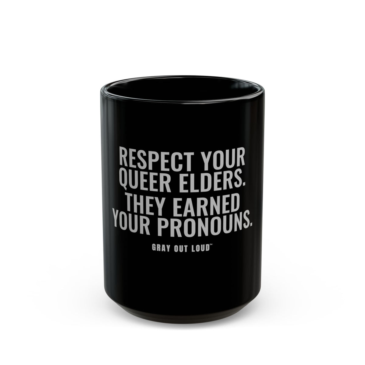 Respect Your Queer Elders Black Mug — Gray Out Loud